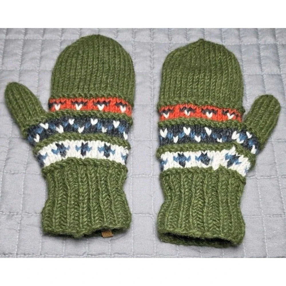 Turtle Fur Women Fair Isle Wool Mittens Lined Green Made in Nepal One Size